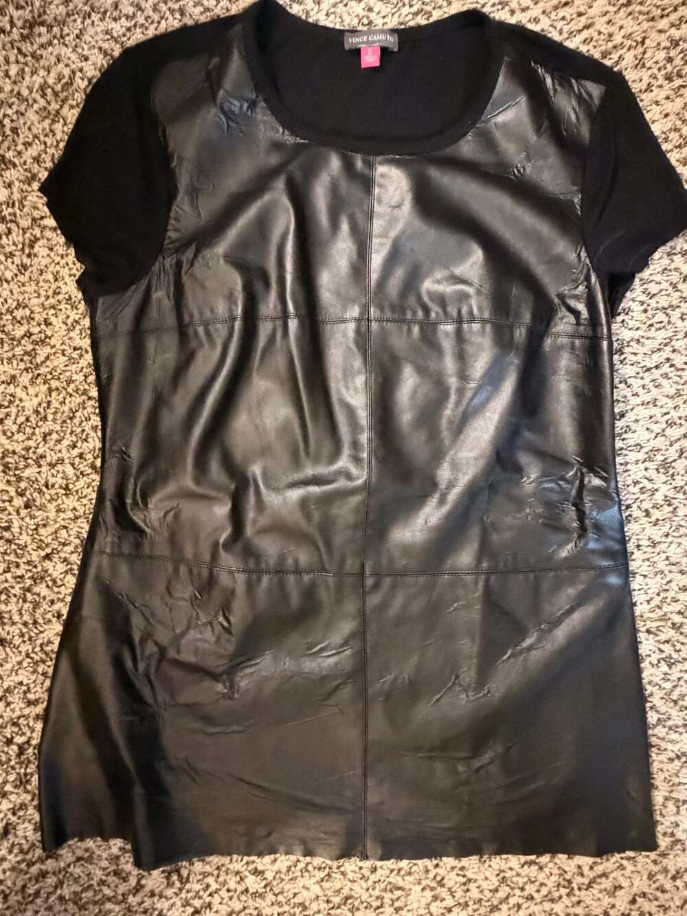 Vince Camuto Women's Faux Leather Front Short Sleeve Black T-Shirt Top